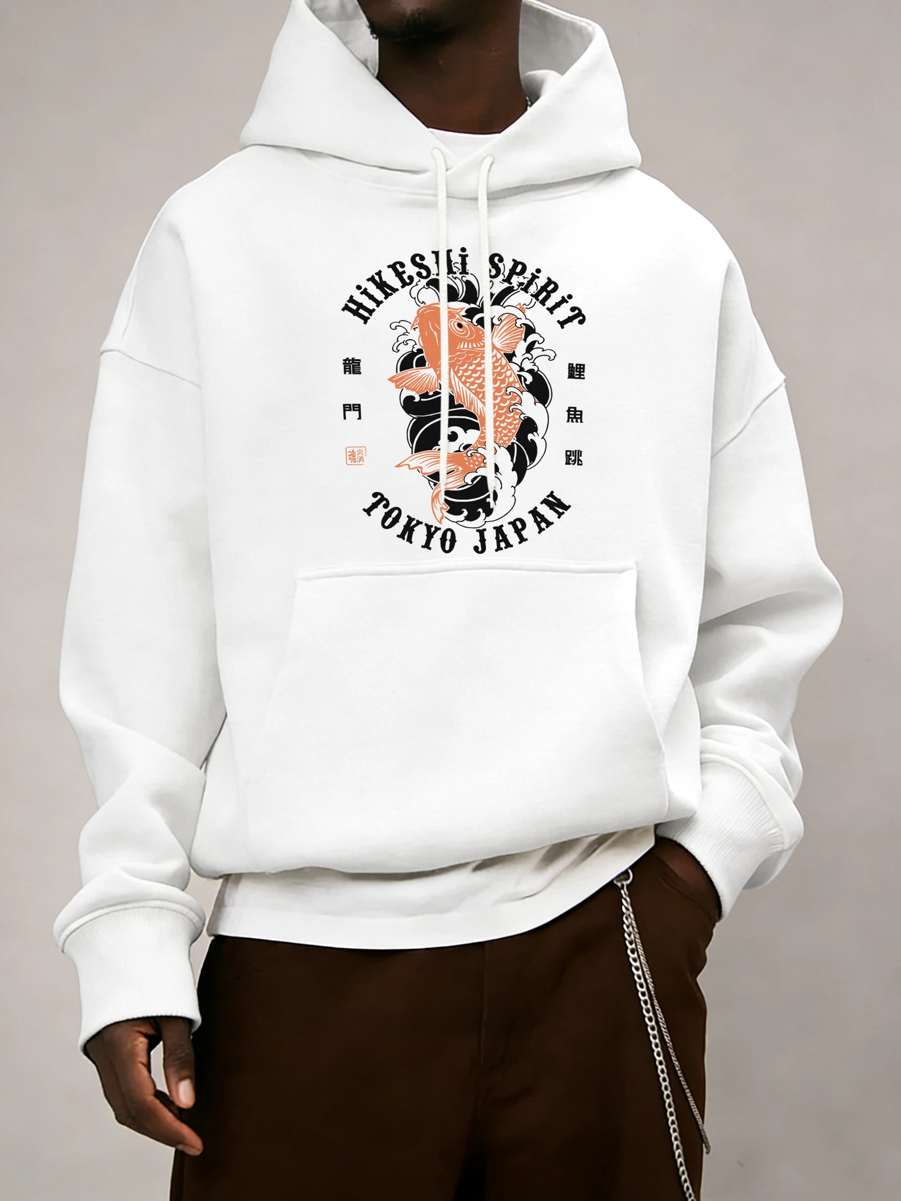 

Токио, Япония, мужские флисовые модные толстовки с принтом карпа, повседневный пуловер большого размера, мягкая осенняя одежда, простая спортивная одежда с карманами