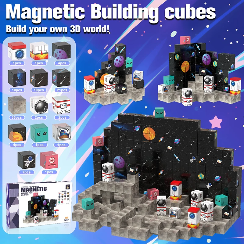 Nieuwe Space Rocket Magnetische Bouwstenen Space Adventure Magneet Kubus Stapelen Speelgoed STEM Game Kerst Verjaardagscadeautjes