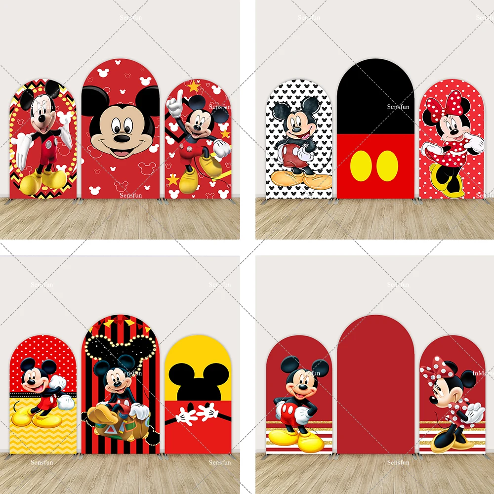 

Mickey Mouse Theme Boys Birthday Party Arch Backdrop Covers Red Black Yellow Chiara Baby Shower Arched Wall Background Kits