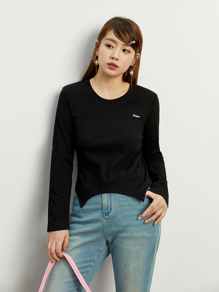 DUSHU Women Long Sleeve Tops Irregular Hem Solid Autumn Female T-Shirts Round Neck Simple Short Pullover Top Cotton Tee