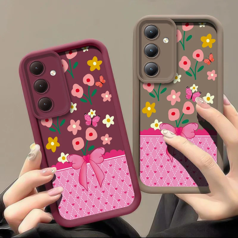 S26 Ultra Silicone Shockproof Phone Case For Samsung Galaxy S25 FE S21 S20 5G S24 Plus S23+ S22 Soft TPU Flower Bow Print Cover