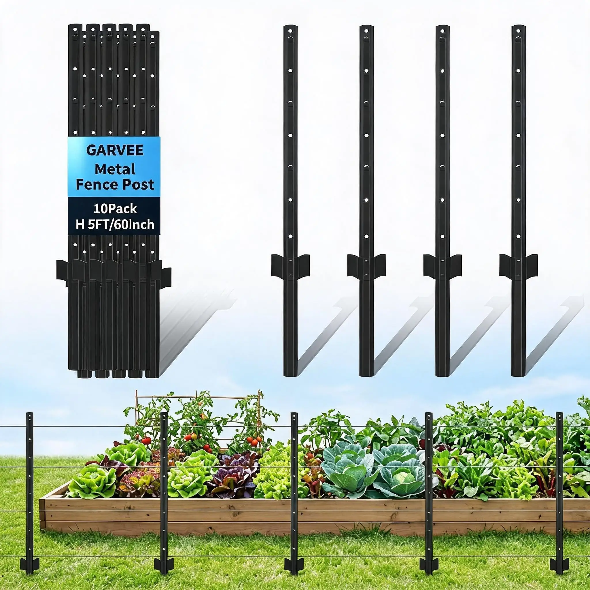 Garvee 10 Pack Metal Fence Posts, 5FT Heavy Duty U-Posts for Wire Fence