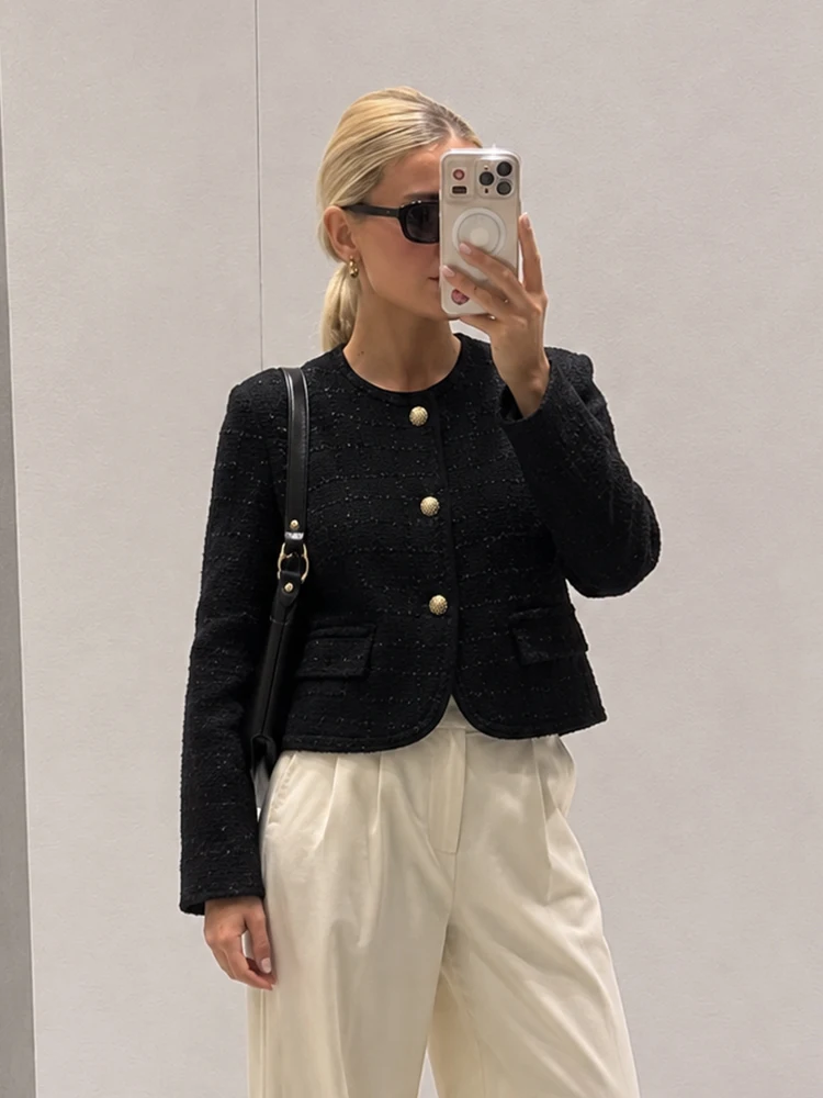 HH Women Spring Fall Black Tweed Jacket Crew Neck Chest Flap Pockets Chic Short Outerwear For Office Party Date Daily Wear