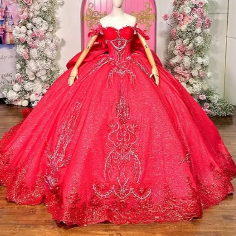 

Красное блестящее платье Quinceanera, бальное платье с открытыми плечами, аппликация, бисер, хрустальный бант, тюлевое платье для вечеринки, дня рождения, сладкое платье 16, Vestido
