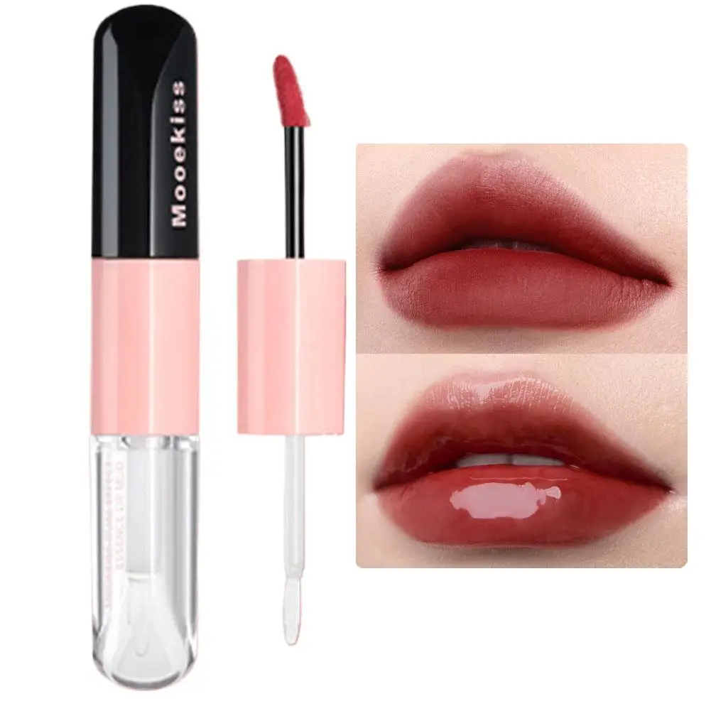 Mooekiss espelho de brilho labial de duas cabeças, hidratante, cabeça de escova de longa duração, copo antiaderente, formador de filme, batom labial