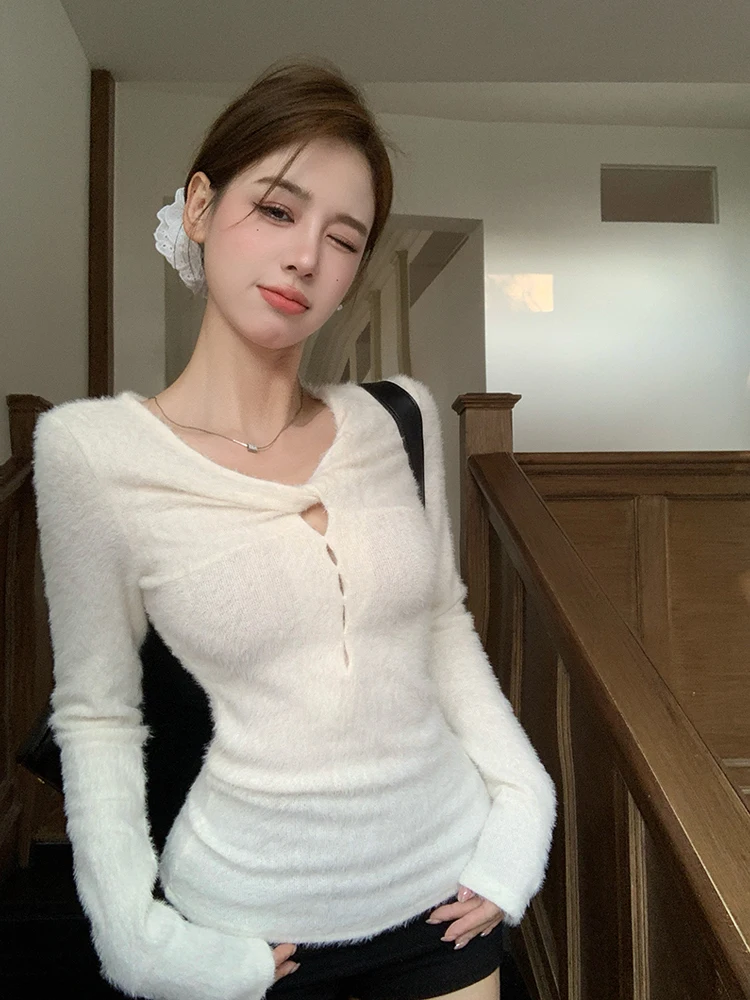 Plu gestricktes langes Sve V-Ne Twist Hollow Out Top Damen Slim Fit Trendy Sle Herbst Winter Neuankömmling Spicy Girl