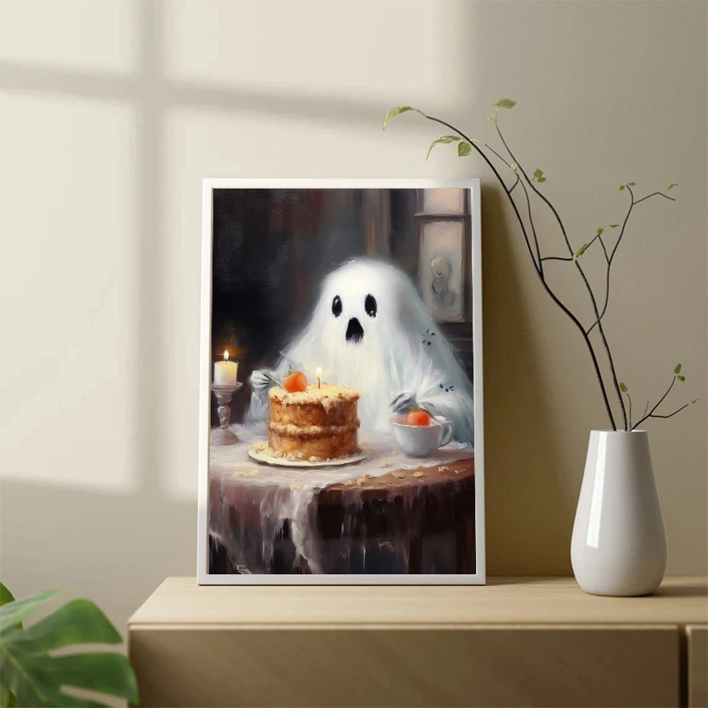 White Ghost Kawaii Halloween Pumpkin Wall Art Canvas Painting White Ghost Life Posters Prints Wall Picture for Room Home Decor