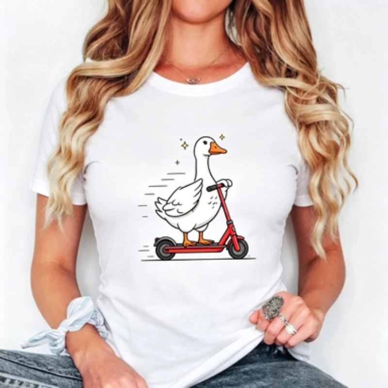 Women Slim‑fit Round Neck Short‑sleeve T‑Shirt Funny Cartoon Goose Ride Scooter Cute Animal Graphic Casual Daily Female Tops