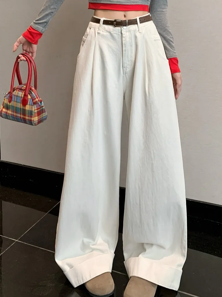 

White Wide Leg Jeans Women's Loose Fit High Waist Slimming Korean Sle Unique Design Summer Season Stand Edition