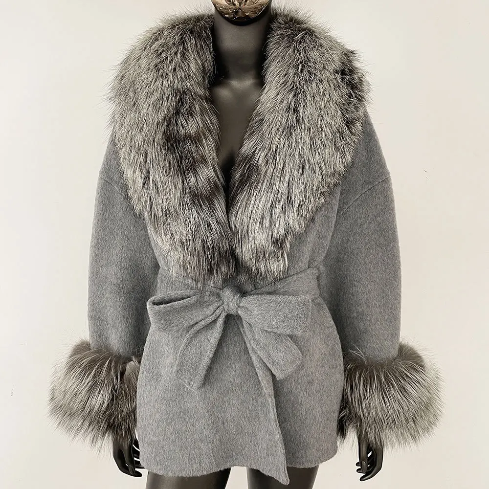 المرأة ملابس خارجية فضفاضة ملابس خارجية غير رسمية الشارع الشهير حزام جيب الشتاء سترة الطبيعية الحقيقية الراكون الثعلب الفراء يمزج معطف الصوف