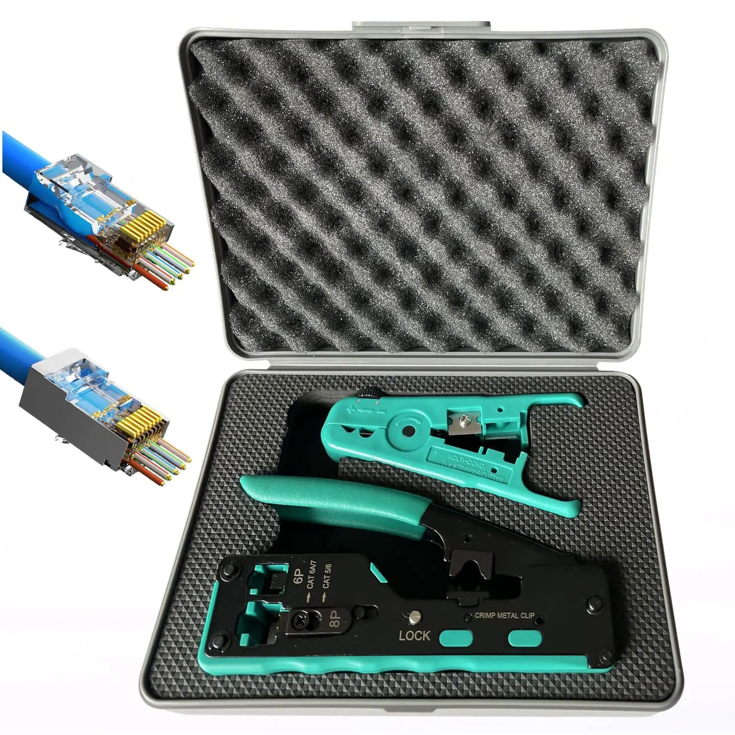 ZoeRax RJ45 przejść przez zaciskarka zestaw Ethernet Crimper Cat5 Cat5e Cat6A Cat7 zestaw narzędzi do zaciskania RJ45 RJ11 striptizerka