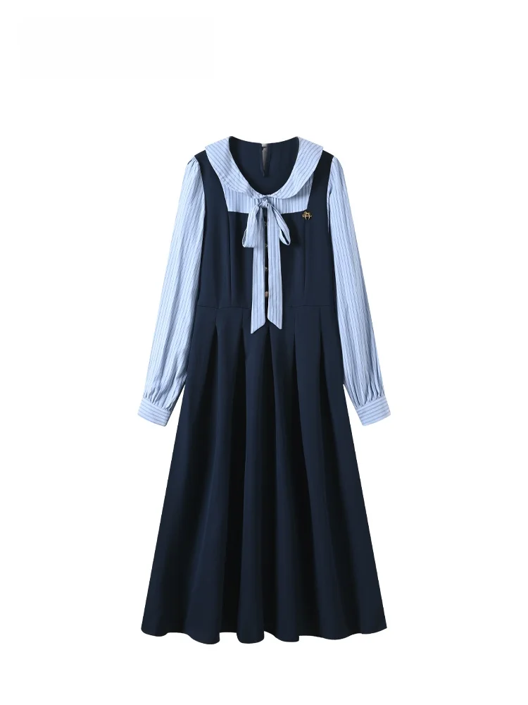 

Spring New Style College Fashion plus Size Long Sleeve Dress Women Early Spring Knot A-Line Skirt Polyester Fiber