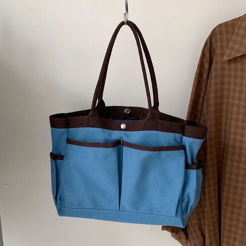 Canvas Tote Bag for Women Color Blocking Large Capacity Casual Handbags Autumn Winter Versatile Commuting Shoulder Bags