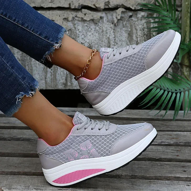 Running Shoes for Women 2024 Fashion Mesh Breathable Sneakers Lace Up Wedge Platform Shoes Ladies Outdoor Casual Sport Shoes