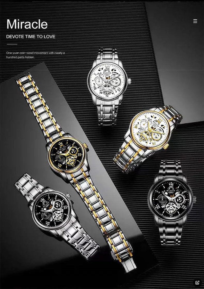 ساعة WOLISH أوتوماتيكية للرجال - ساعة تقويم مضيئة مقاومة للماء، ساعة كوارتز عصرية للأعمال ذات هيكل عظمي