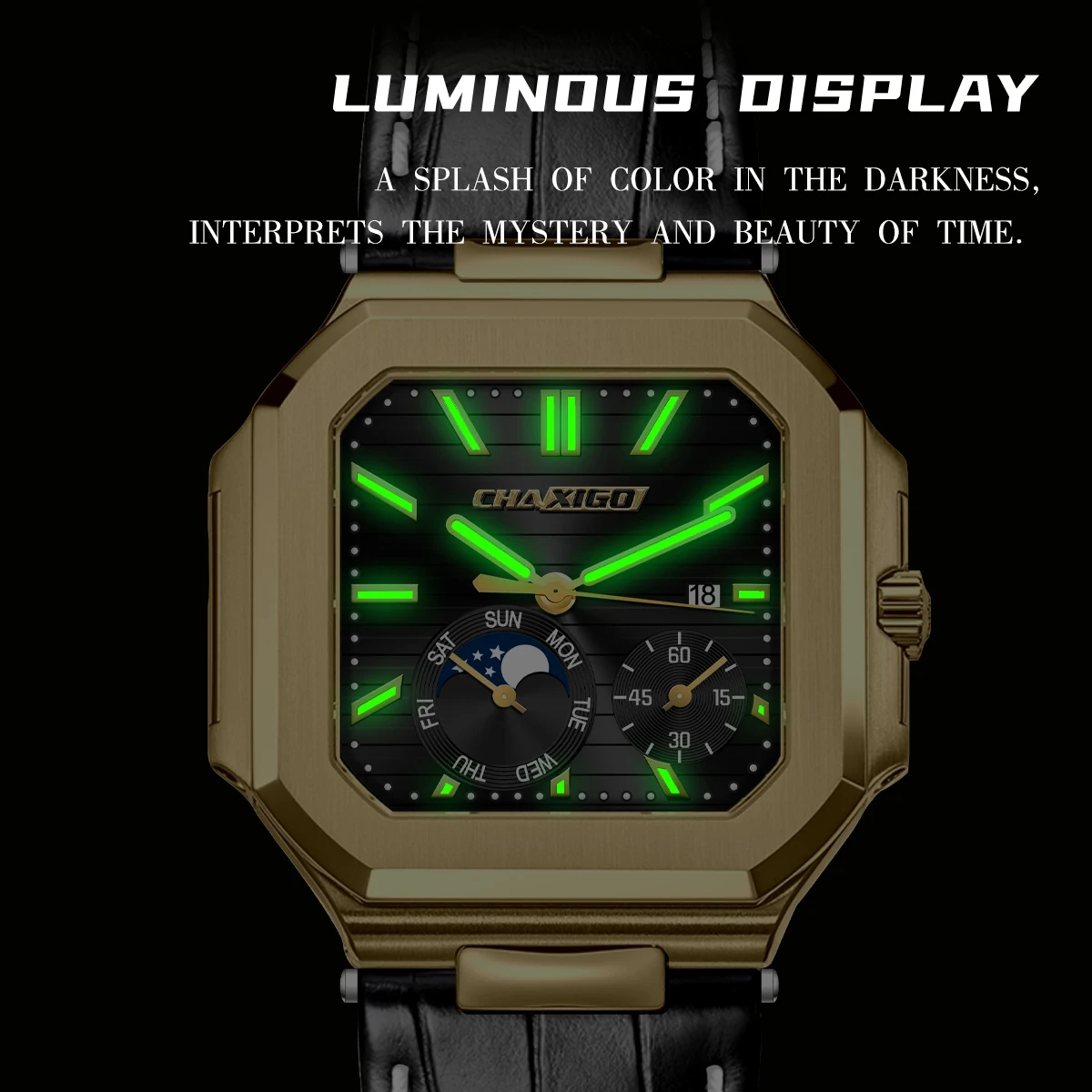 ساعة CHAXIGO للرجال فاخرة بمينا مربع وحزام جلدي 41.5 ملم 3ATM مقاومة للماء كوارتز للأعمال