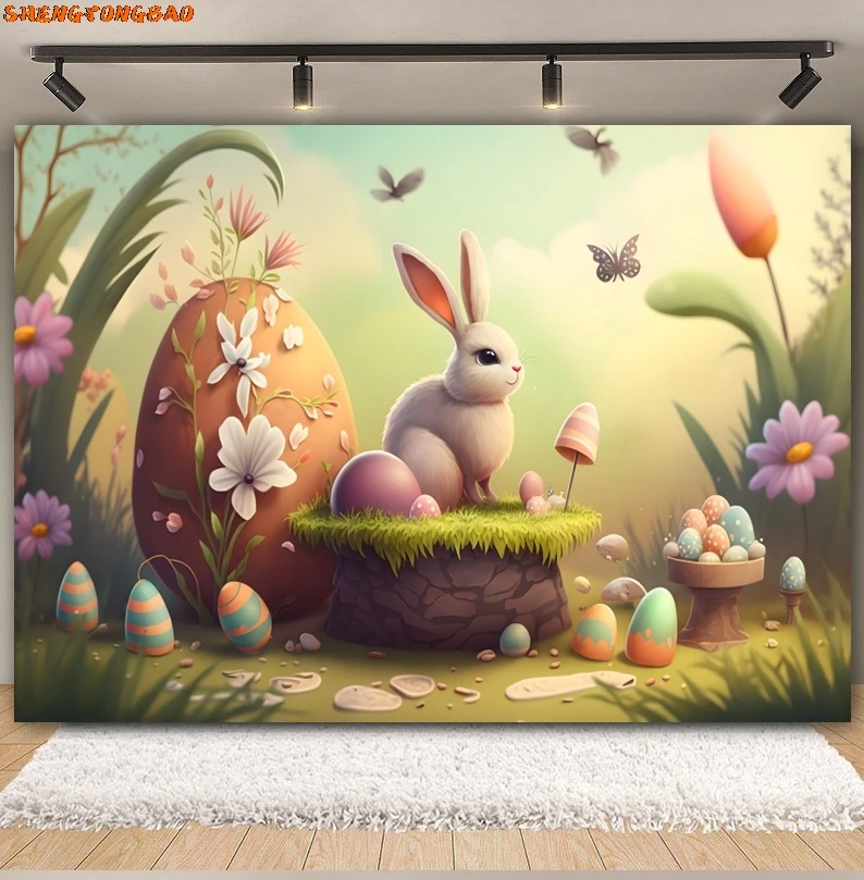 Vrolijk Pasen Achtergrond Lente Tuin Cartoon Konijnen Eieren Bloemen Groen Gras Bunny Pasen Baby Portret Fotografie Achtergrond