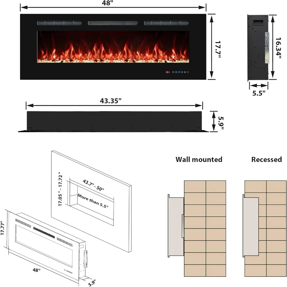 48'' Electric Fireplaces Inserts, Recessed & Wall-Mounted Fireplace Heater with Thermostat, Multicolor Flames