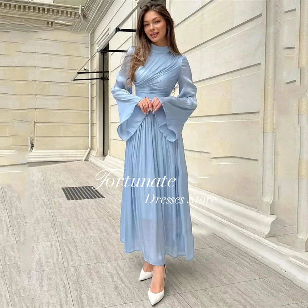 Fortunate Sky Blue Chiffon Pleats Evening Dress A-line High Collar Long Sleeve Ankle Length Formal Occasion Evening Dresses 2024