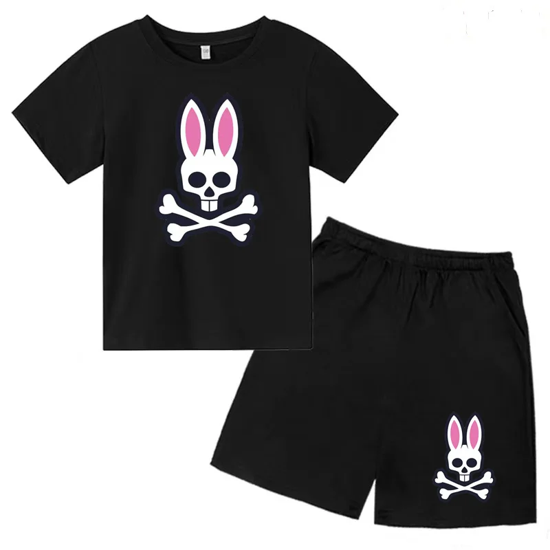 Kids Short Sleeved T-shirt Skull Rabbit Boys Girls Toddler 3-12Y Charming Top+shorts 2P Cute Clothes Sports Jogging Leisure Set