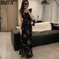 SMTA French Sexy Floral Sling Sleeveless Dress Elegant Tighten The Waist Summer 2024 Bodycon Dress Vintage Fashion Black Dresses