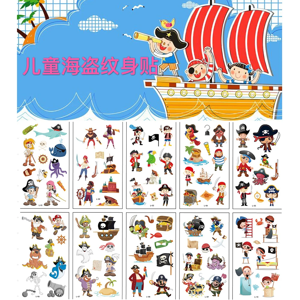 10 Sheets/Pack Pirate Temporary Tattoo Pirated Captain Tattoo Body Sticker Kids Boys Girls Pirate Birthday Party Favors Supplies