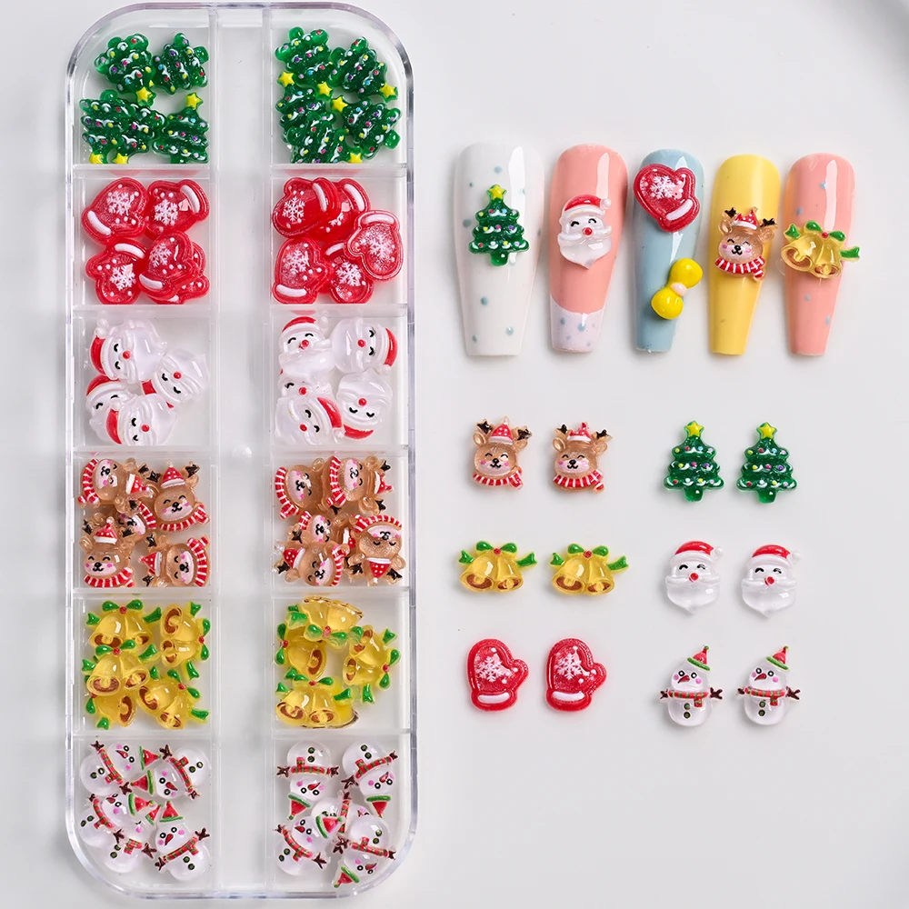 12Gird Kawaii Mini muñeco de nieve árbol de Navidad dijes para uñas 3D Reno campana Santa Claus uñas diamantes de imitación resina Navidad gemas para uñas 30-60 piezas
