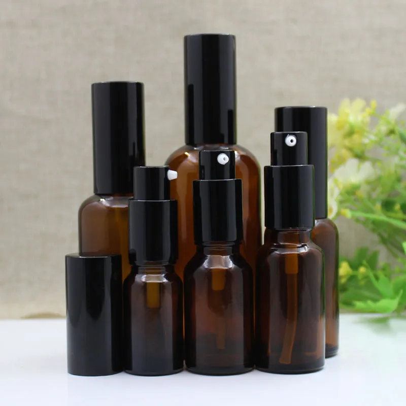 12 X 10ml -100ml Empty Brown Glass Bottle Gold Silver Lotion Cream Pump Refillable Skin Care Essential Oil Spray Pump Container