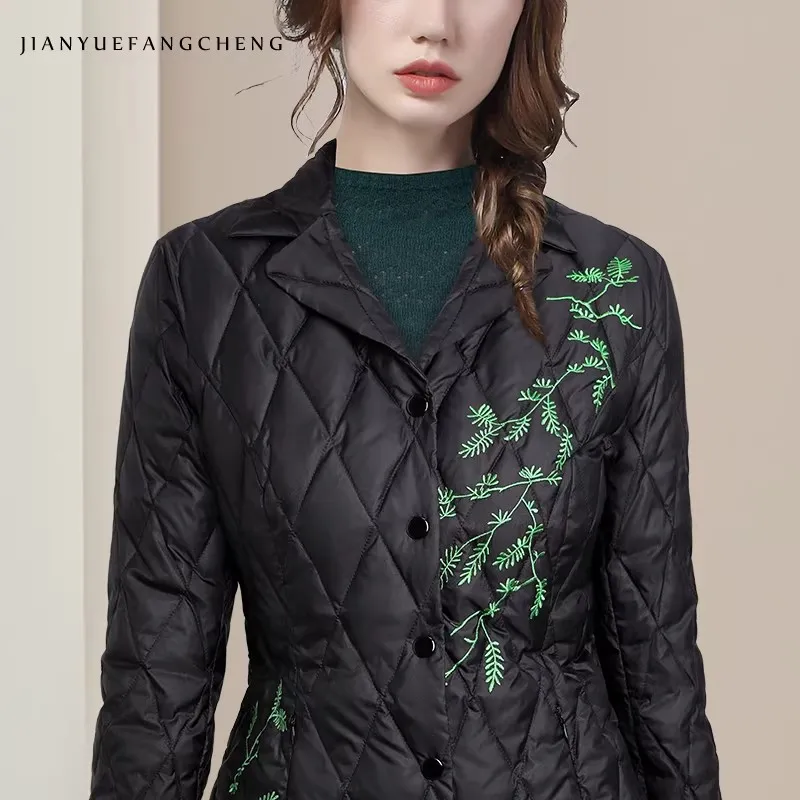 Women' Suit Collar Black Embroidered Ultra-thin Down Jackets Warm Lightweight Duck Down Puffer Coat Elegant Casual Jackets