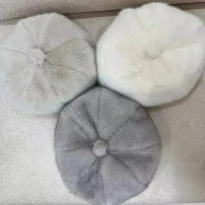 النساء فو فرو المنك القبعات أنيقة النساء قبعات الشتاء 2026 قبعات الفراء الفرنسي محبوك الدافئة تقليد فرو المنك بيني قبعات الهدايا #3