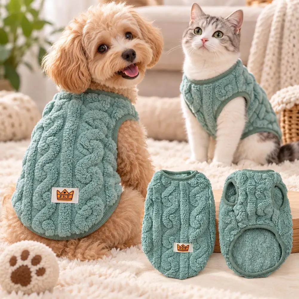 Warm Fleece Pet Sweater Sleeveless Vest for Small Dogs Cats Thick Plush Cable Pattern Puppy Kitten Winter Clothes Pet Outfit