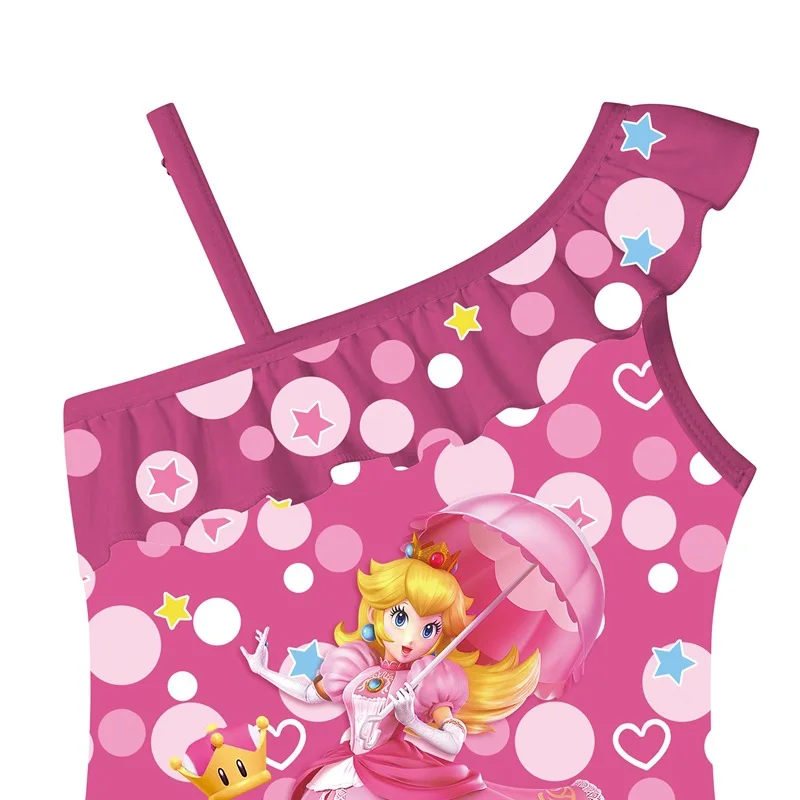 Kids Swimwear Girls Peach Princess One Piece Swimsuit Fancy Baby Children Cartoon Print Ruffle Bathing Suit Holiday Beach Wear