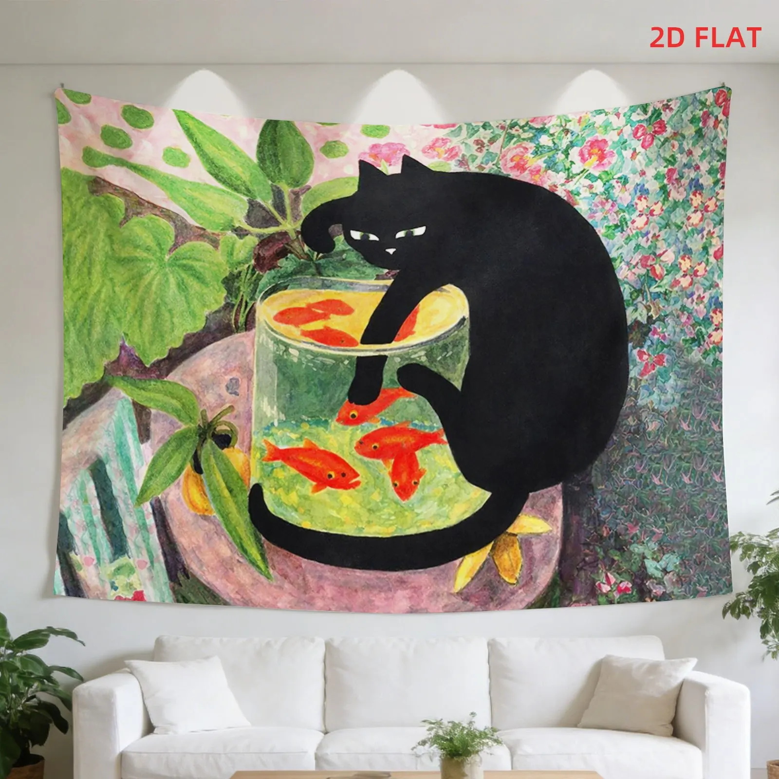 Bohemian Tapestry Wall Hanging Black Cat Tropical Fish Pond Mural Boho Jungle Tapestry Large Size Living Room Bedroom Decor Art