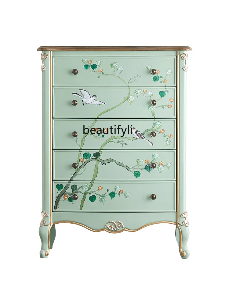 

American-Style Solid Wood Chest of Drawers Bedroom Curio Cabinet Living Room Drawer Painted Locker Vintage Storage Cabinet