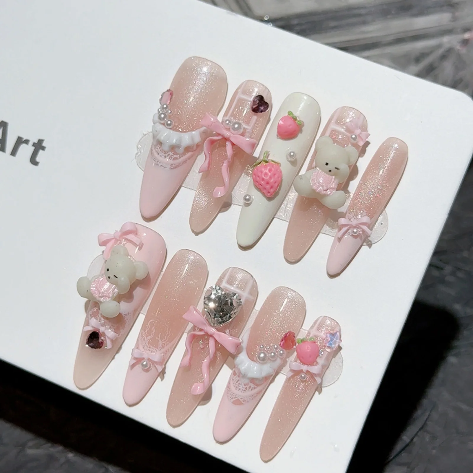 10 stuks handgemaakte pers op nagels Franse nepnagels met roze aardbei beer meisjes lange stiletto ballet Y2K Koreaanse valse nagel