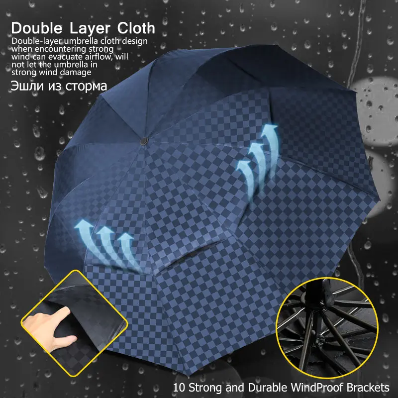 Double Layer 3Folding Umbrella Rain Women Men Big 10K Windproof Business Umbrellas Male Dark Grid Parasol Family Travel Paraguas