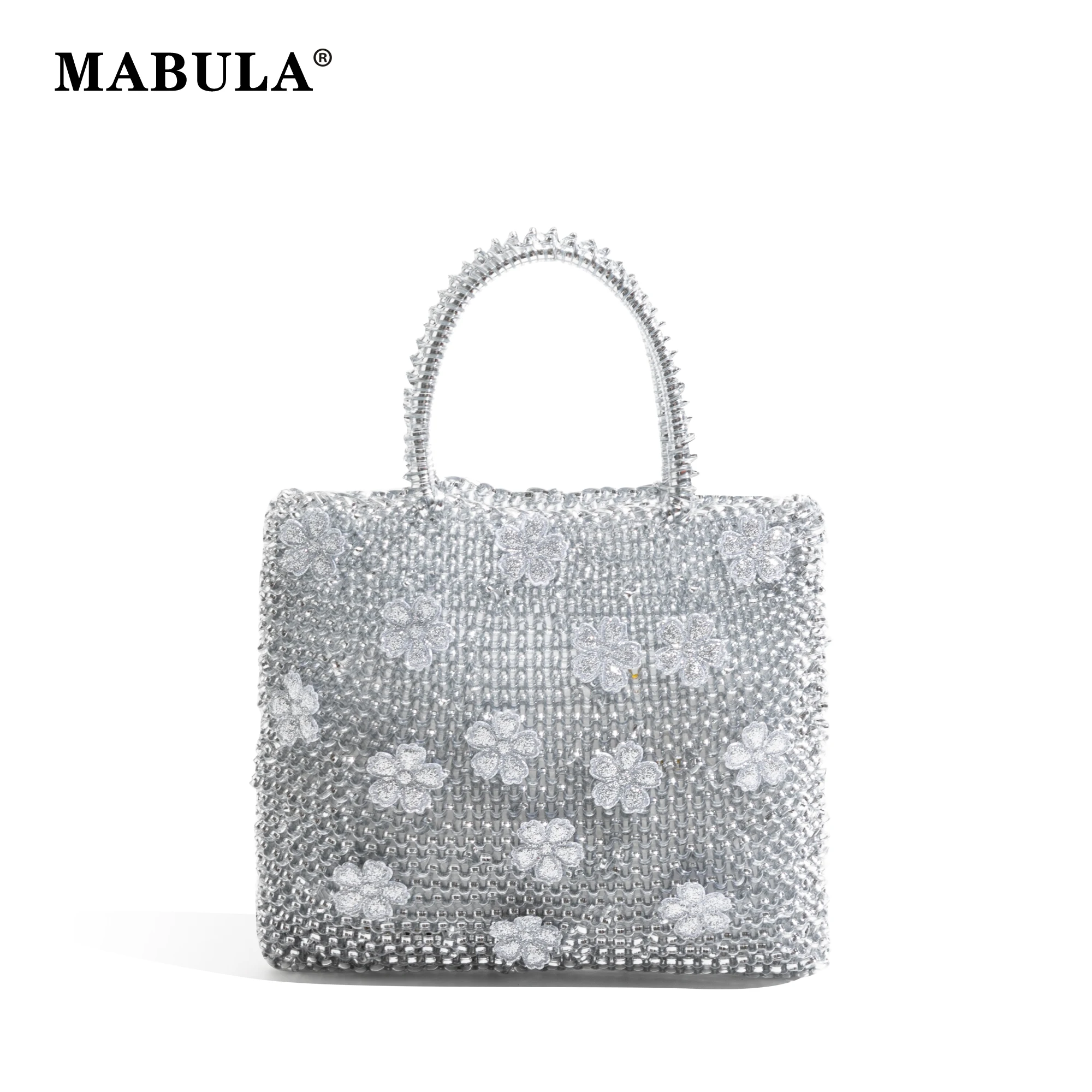 MABULA PVC Floral Weave Handbag Elegant Shoulder Bag Handmade Luxury Design For Ladies Party Fashion Premium Silver Tote Satchel