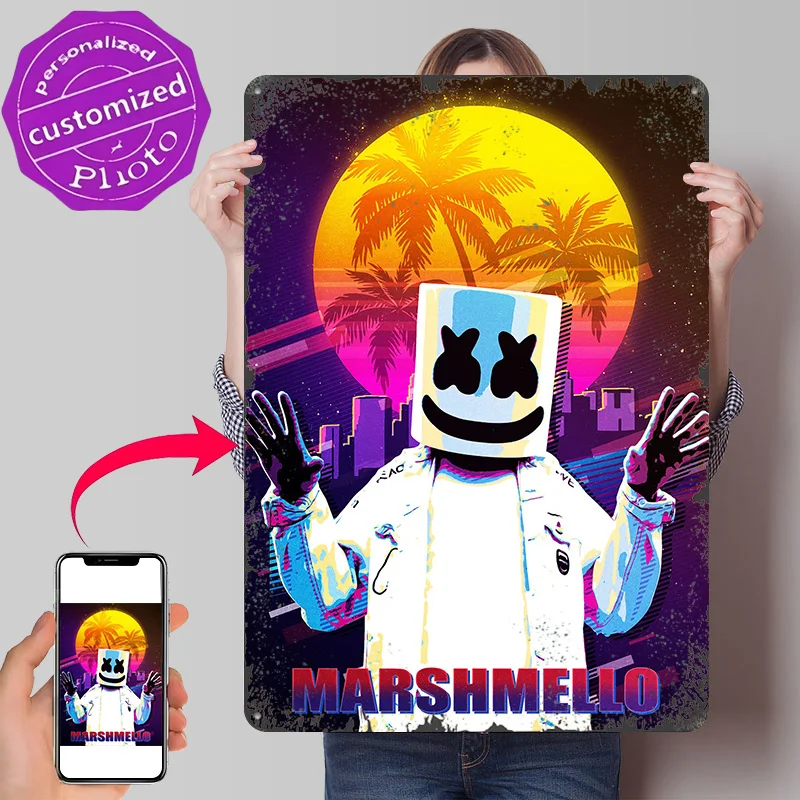 Marshmello Dj 80s Retro 3D Texture Printed Poster Custom Vintage Metal Tin Plate Sign for Wall Art Home Decoration Ornaments