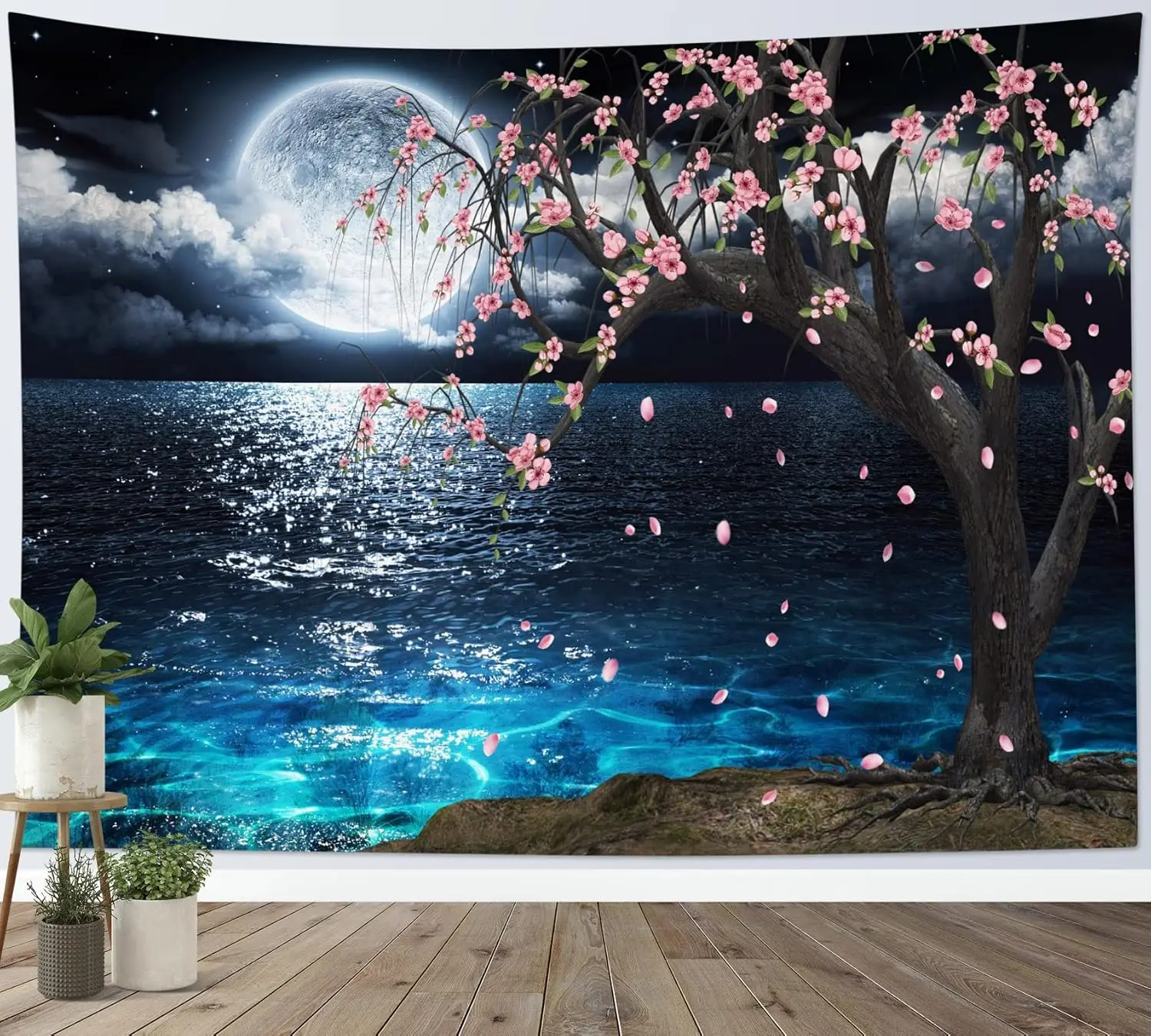 Moon Over Ocean Tapestry, Full Moon Night Sky with Cherry Blossom Tree Wall Tapestry for Bedroom, Cloud Pink Floral Wall Hanging