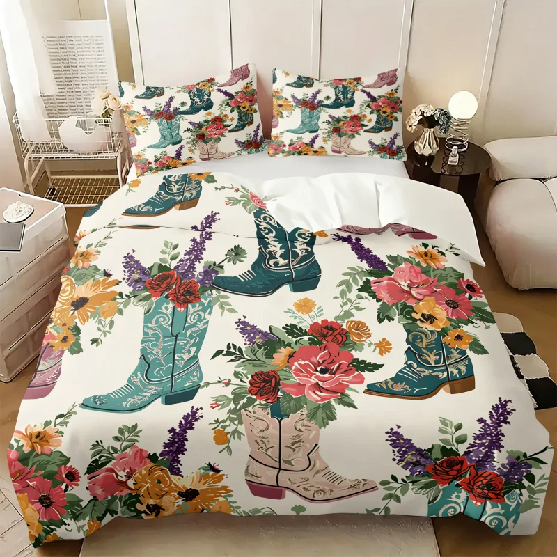 Vintage Western Cowgirl Boots Print Duvet Cover Set Wildflower Floral Bedding Soft Comforter Cover Pillowcases Home All Bed Size