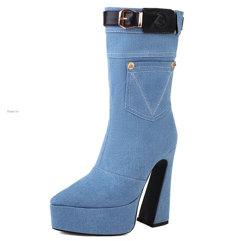 

Buckle Boots Plus Size Denim Fabric Plush Women's Mid Calf Boots Pointed Platform Profiled Super High Thick Heel Denim Bag Metal