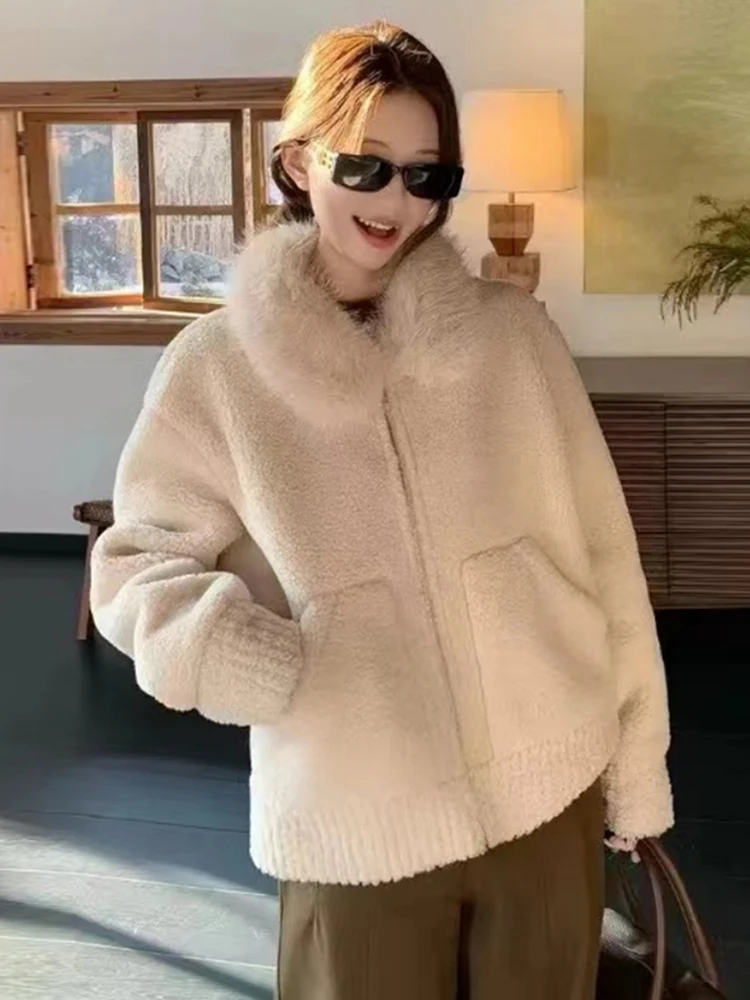 Elegancki długi płaszcz z futrzanym kołnierzem, damski, jesienno-zimowy, luźny krój, wyszczuplający top, koreański styl, skóra i futro.