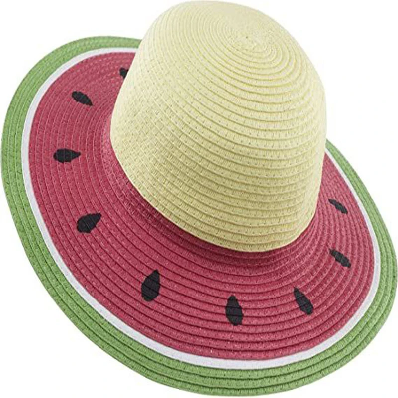 2026 Summer Parent-Child Outdoor Beach Sun Hat with Wide Flat Brim, Versatile Watermelon Printing Sun Protection Straw Hats