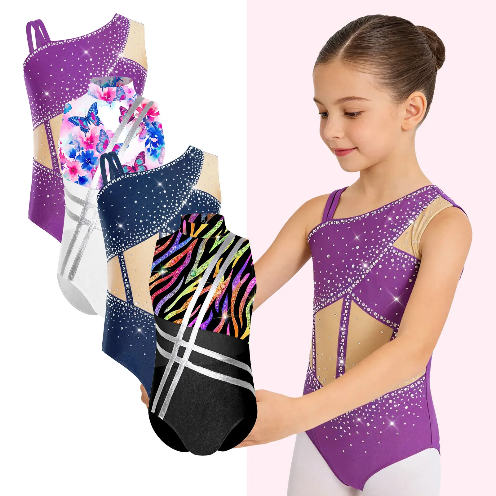 

Kids Girls Sports Leotard Rhythmic Gymnastics Figure Skating Ballet Performance Jersey Shiny Rhinestones Bodysuit Competition
