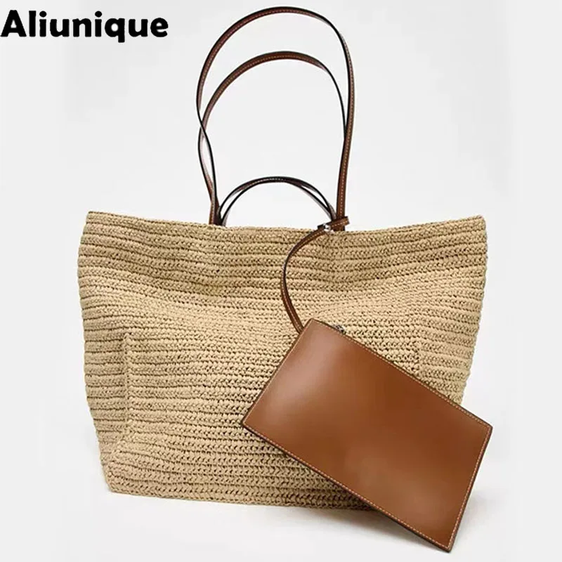 New Women Large Capacity Straw Woven Tote Bag Summer Beach Shoulder Bag Casual Travel Underarm Lady Shopping Handle Bag