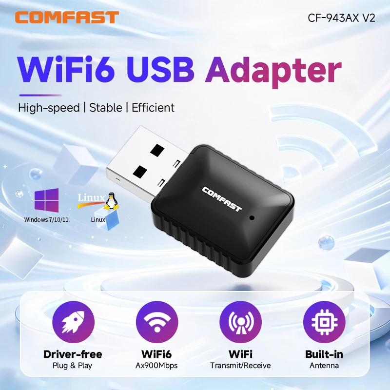 

Comfast WiFi6 AX900 WiFi USB Adapter Wireless Network Card 2.4G&5GHz WiFi Antenna Signal Free-Drive For PC/Laptop Win10/11/Linux
