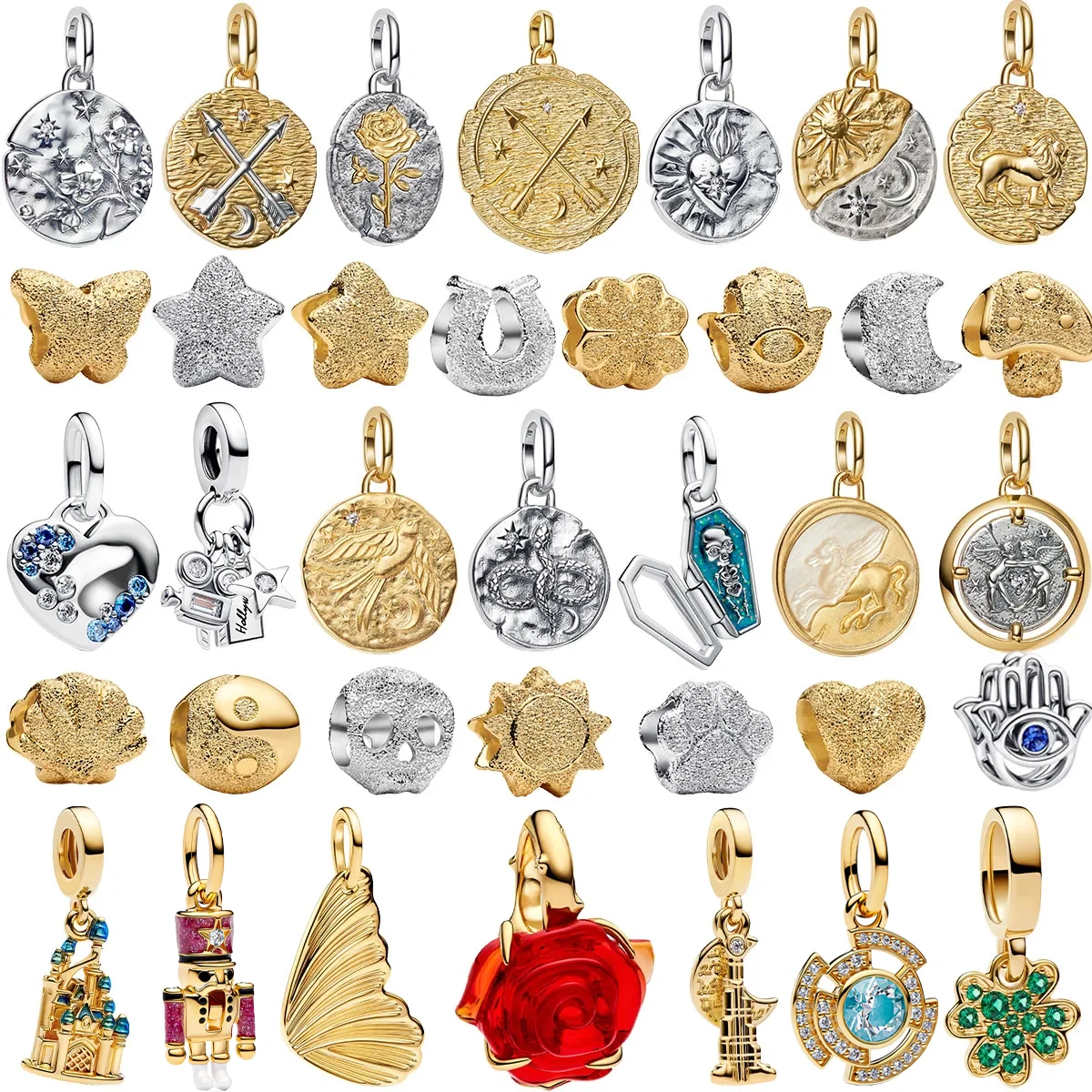 Nuevo Abalorios redondos dorados de Plata de Ley 925, cuentas de caballo, León, Castillo, pendientes, anillos, pulseras, collares, regalo de joyería DIY para mujer