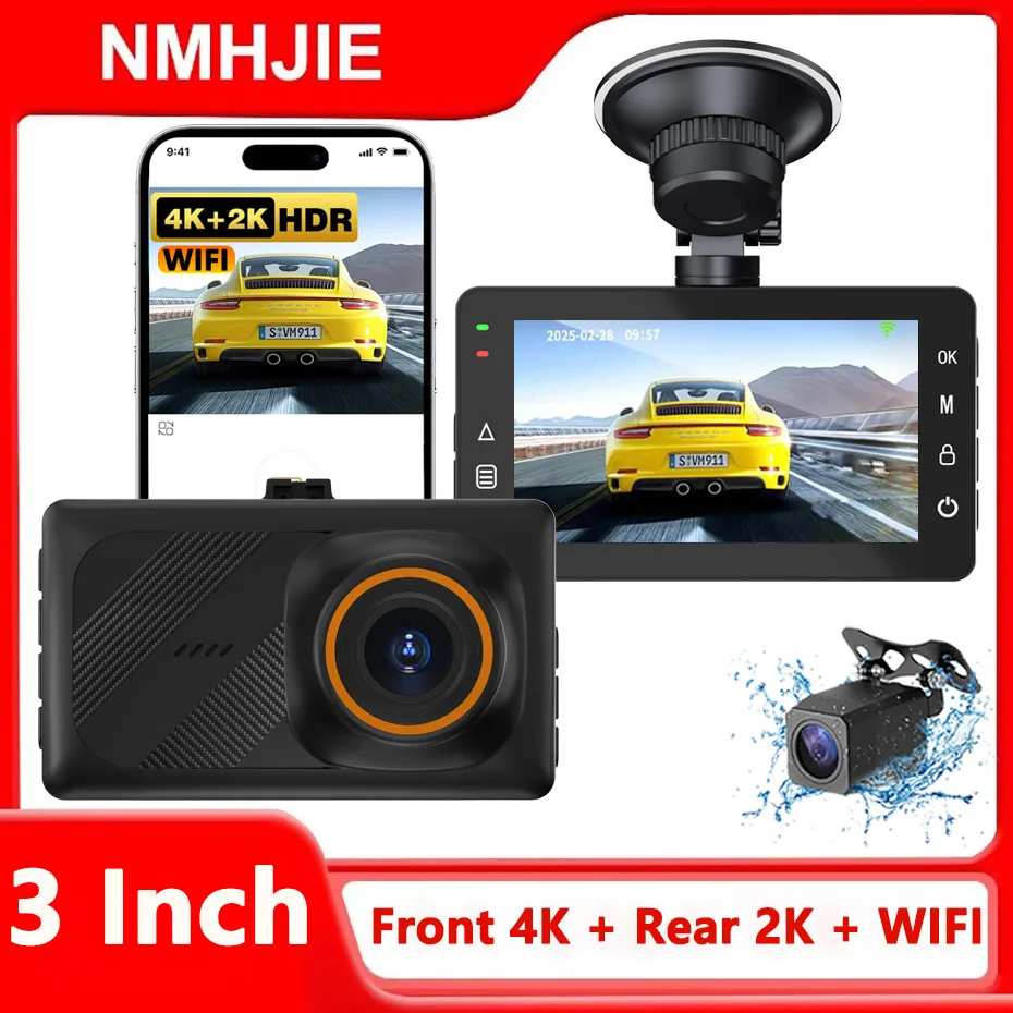 

4K Ultra HD Dash Cam Night Vision Front 2160P With Back 1440P Car Video Camera Logger G Sensor Loop Recording App WiFi Control