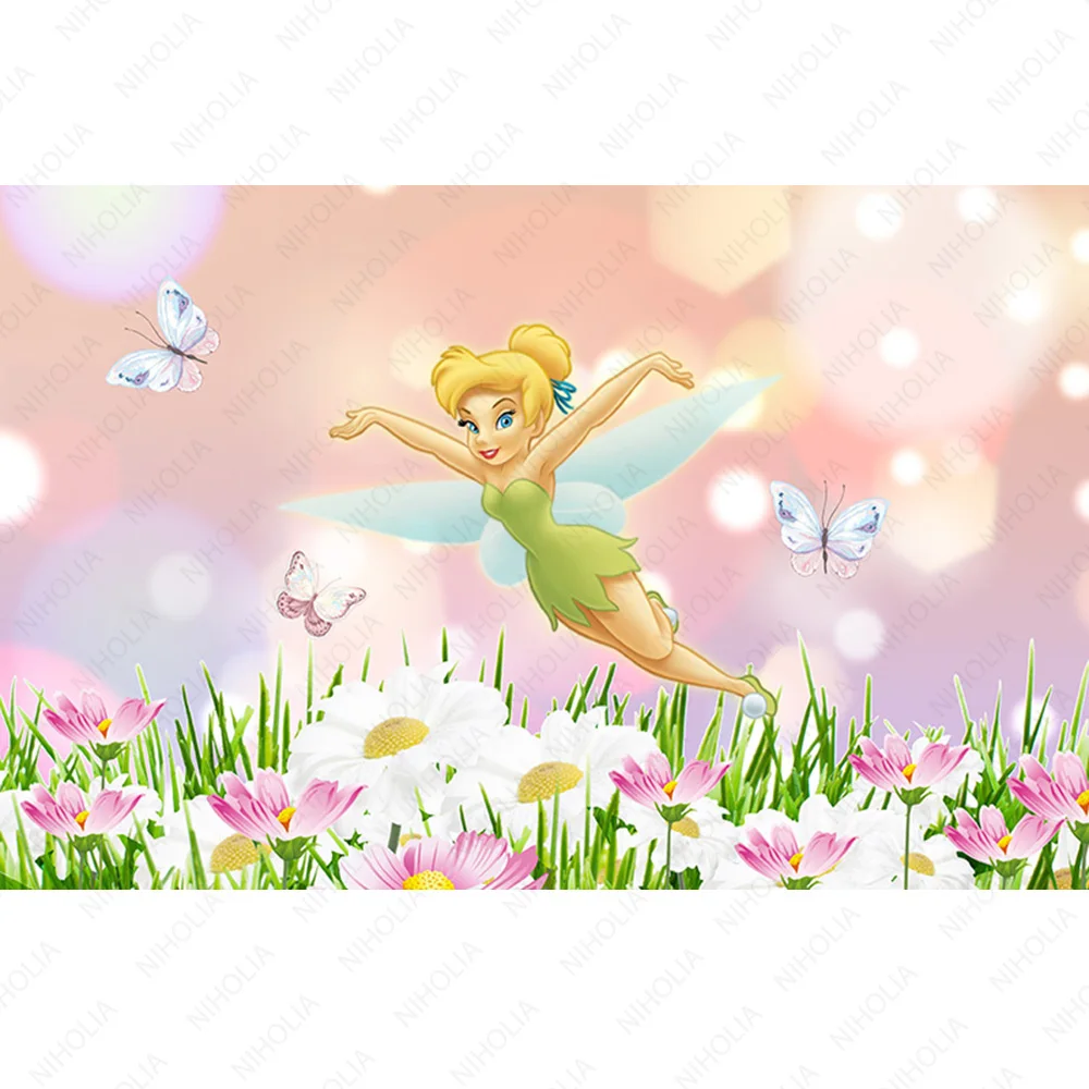 Fairy Tinker Bell Photo Background Circle Cover For Girls Kids Birthday Party Round Photography Backdrop Studio Elastic Decor