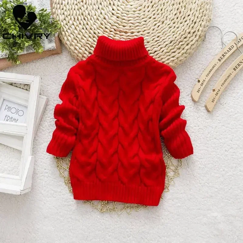 New 2022 Kids Children Solid Pullover Sweater Autumn Winter Boys Girls Turtleneck Knitted Sweaters Tops Clothing for 2-8T